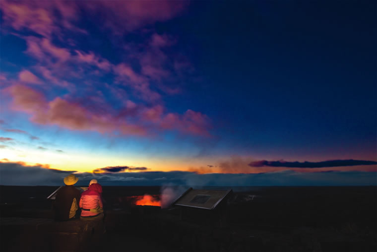 The glow from the lava lake within Halemaumau Crater is best seen in the early morning. | Photo by Janice Wei/Courtesy of NPS Photo