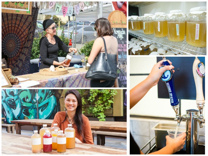 Top left: Laguna Beach resident Christy Rumbaugh started Blessed Booch in 2015 and no selss several flavors of her kombucha, show above in the fermentation process. Bottom right: Health-Ade Kombucha on tap at Project Juice