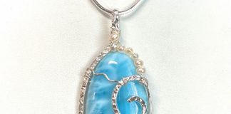 Larimar with pearl accents set in fine silver header