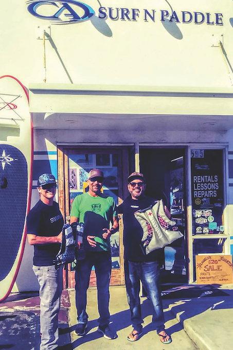 l to r SafeGrom rep Chuck Hendsch, Rod Greenup and Andeaux Borunda at Costa Azul surf shop