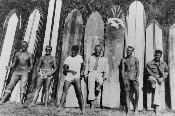 Herb Oelke, unknown, unknown, Keyhole, Anderson and Joe Sullivan standing with their surfboards on the beach at St. Anns Drive in Laguna in 1946_credit Surfing Heritage and Culture Center/Dick Metz Collection/shacc.org